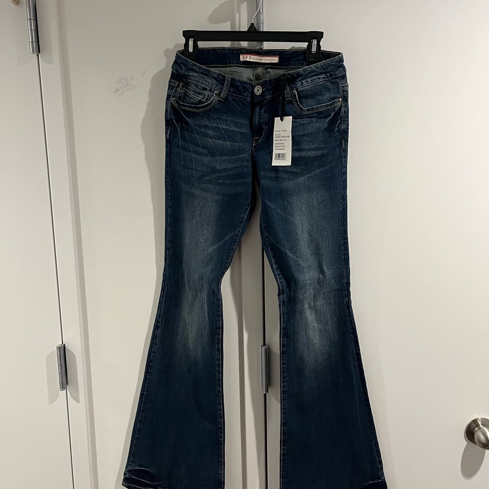 Standards and Practice (S & P) Dark Wash Flare Jeans. Tall. 37 length